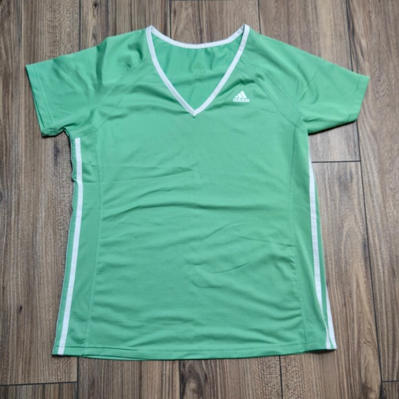 adidas Tops - Adidas Womens Green V-Neck Short Sleeve Activewear Mesh Top Three Stripe M-L
